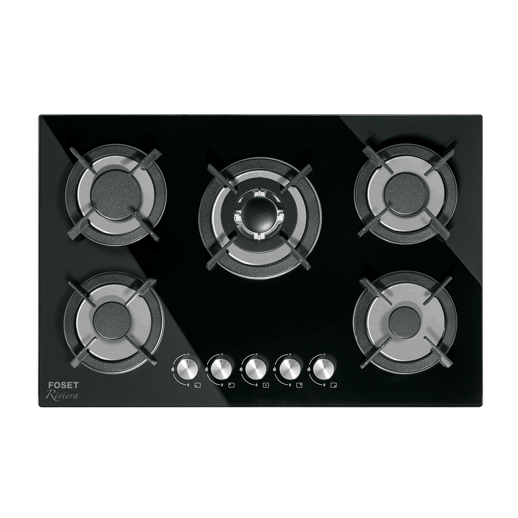 Parrilla gas empotrable 75cm, 5 quemadores, vidrio negro, RIVIERA — Ferretería | Centro de Iluminación San Carlos