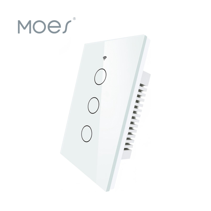 Apagador Inteligente WiFi Vidrio Táctil REQUIERE NEUTRO 3 Vías 10A Blanco MOES — Tomacorrientes e interruptores | Centro de Iluminación San Carlos