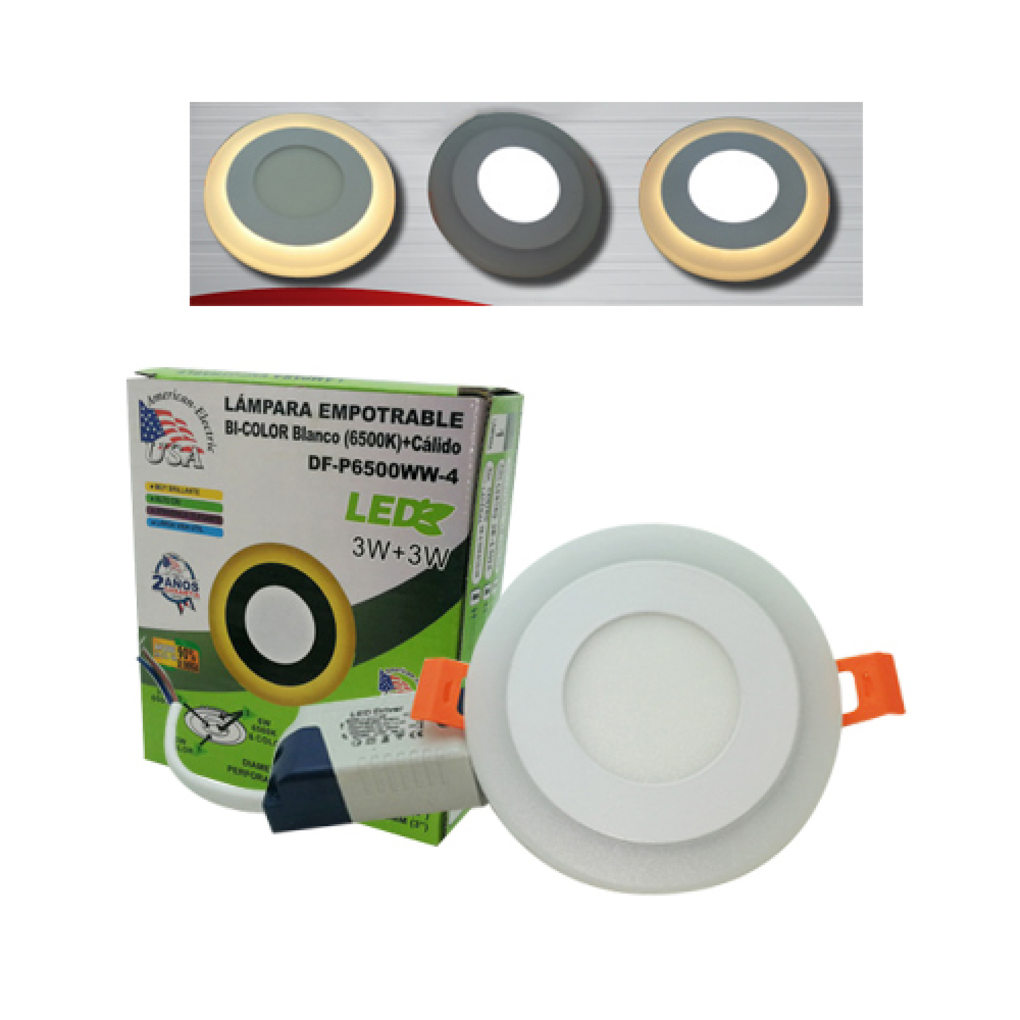 Lámpara LED Bi-Color Luz Cálida 4" (3W+3W) American Electric — Paneles LED | Centro de Iluminación San Carlos