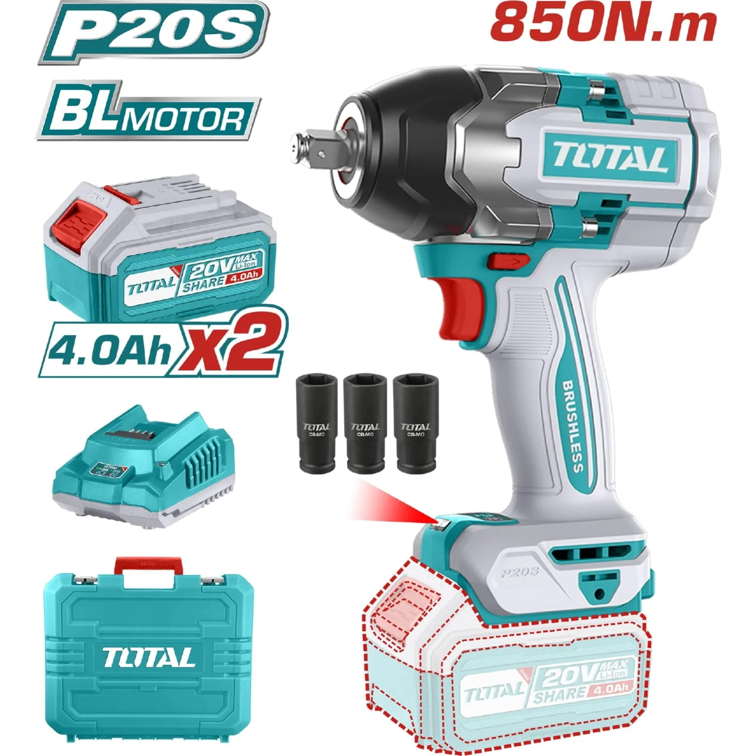 Pistola de Impacto 1/2 20V 850NM C/2 BAT Total UTIWLI2085 — Herramientas inalámbricas o de batería | Centro de Iluminación San Carlos