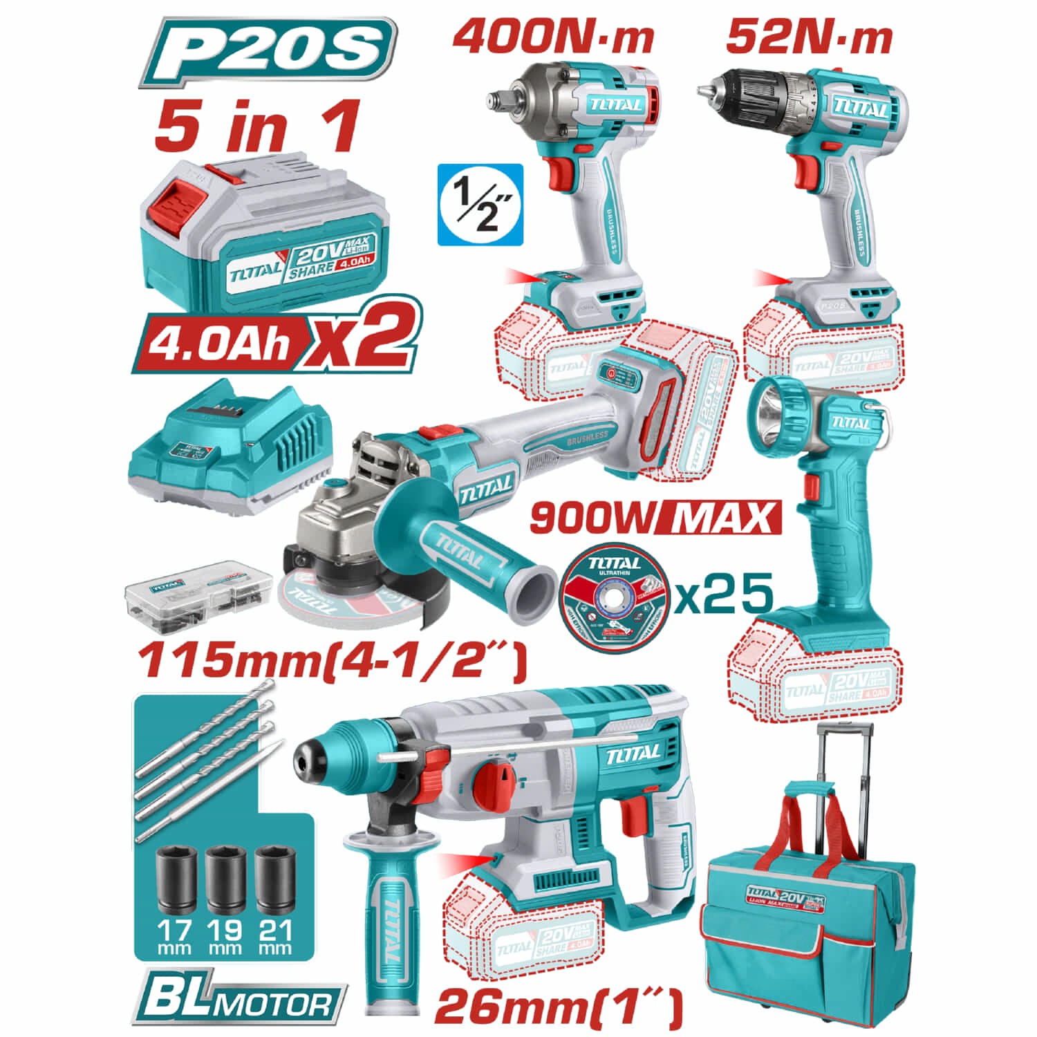 Combo Total 20V 5 Piezas: Taladro, Rotomartillo, Esmeril, Llave de Impacto y Linterna (UTCKLI2058) — Herramientas inalámbricas o de batería | Centro de Iluminación San Carlos