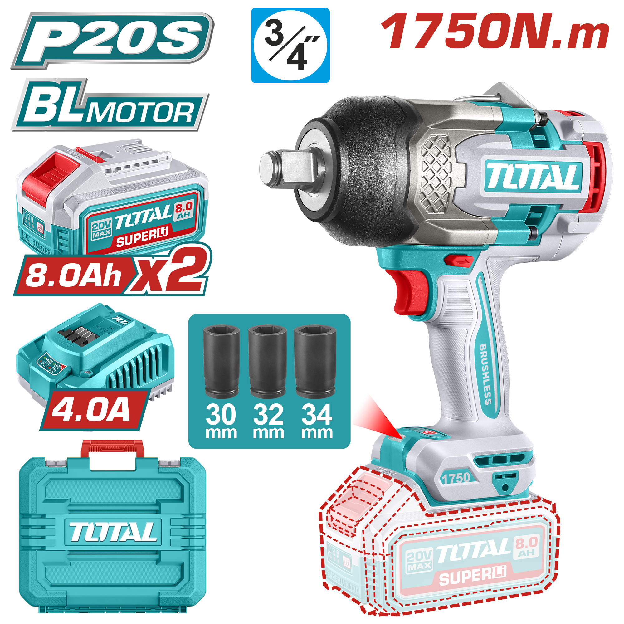 Pistola de Impacto Total 3/4" 20V 1750Nm con 2 Baterías — Herramientas inalámbricas o de batería | Centro de Iluminación San Carlos