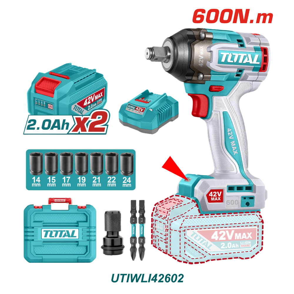 TOTAL PISTOLA IMPACTO INALÁMBRICA 42V 1/2 600NM UTIWLI42602 — Herramientas inalámbricas o de batería | Centro de Iluminación San Carlos