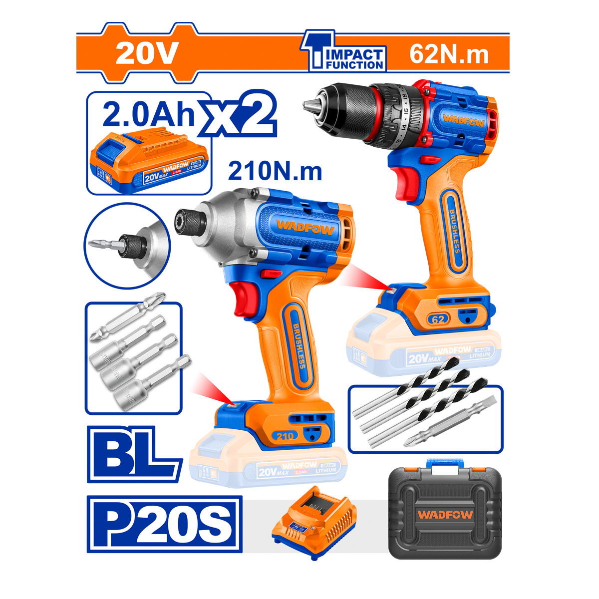 HE/COMBO TALADRO WADFOW 20V 2PC TALADRO+DESATORN, UWCK20277 — Herramientas inalámbricas o de batería | Centro de Iluminación San Carlos